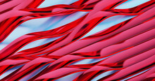 Long Red Glass Shiny Ribbon Lines Wriggle Like Waves On A Light Background, Abstract Colored Background With Stripes, 3d Rendering