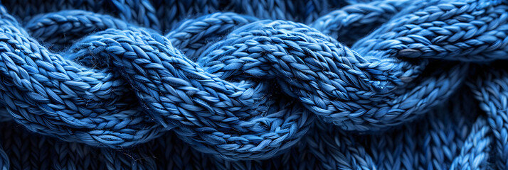 A closeup of a woolen blue sweater with intricate braids, reminiscent of denim and electric blue hues, resembling a rope design
