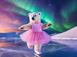 Adorable baby polar bear skating on glacier with stunning aurora dancing in the sky