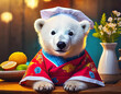 Illustration of Adorable Polar Bear Girl in Japanese Chef Outfit
