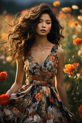 Wall Mural - A fashionable beauty in a bohemian-inspired outfit, twirling gracefully in a field of wildflowers.