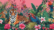 Creative retro and contemporary pop art collage of a portrait. Vibrant jungle scene with tigers, leopards, and birds against a pink background, merging modern and traditional styles.






