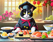 Illustration of a Tuxedo Cat Chef Cooking Sushi Roll in Japanese Style kitchen