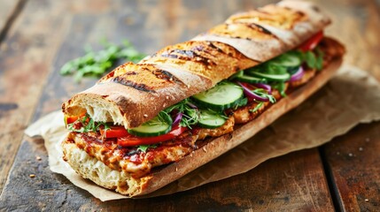 Poster - A long sandwich with a variety of vegetables and meat. The sandwich is on a wooden table. Scene is casual and inviting