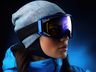 Wall Mural - A woman wearing a blue jacket and a blue hat with goggles on her face