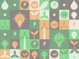 Green energy, seamless geometric pattern background. Plant, energy, bulb, green energy, and windmill. Vector illustration