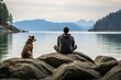Man and dog sitting on rocks by the lake, enjoying the view