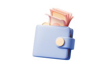 Blue cartoon leather wallet with money inside, 3d rendering.