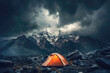 Camping danger: A tent stands against the backdrop of a lightning storm, extreme weather conditions of outdoor adventure concept
