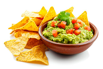 Traditional guacamole sauce with nacho chips isolated on white background. Popular Mexican food