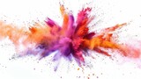 Fototapeta Tęcza - Vibrant colorful powder explosion on white background with copy space, isolated vibrant color burst concept shot