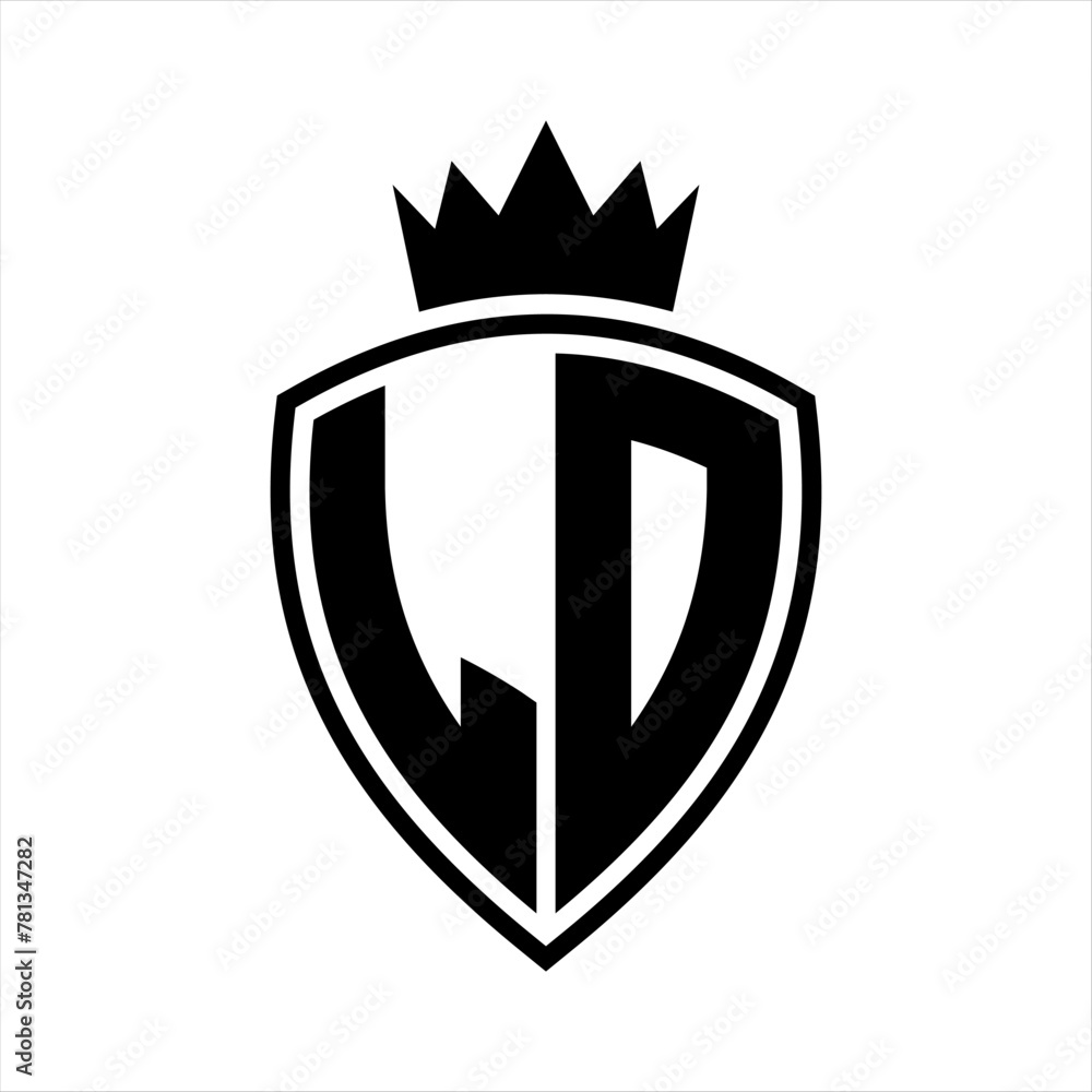 LD Letter monogram shield and crown outline shape with black and white ...