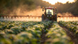 Tractor spraying crops in the field at sunset. Agriculture and farming concept. Design for banner and agricultural publications. Environmental care and food industry theme