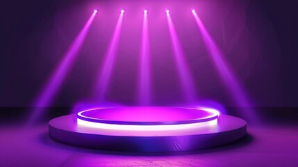 Wall Mural - Stage or podium in rays of spotlights, realistic modern illustration of an empty stage for performance or presentation at a night club.
