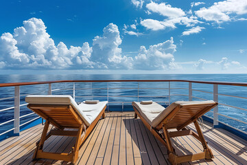 Luxury Cruise Ship Deck with Lounge Chairs and Ocean Horizon. Vacation travel concept.