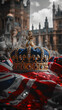 3d golden crown and British flag, illustration, monarchy, coronation, Great Britain, drawing, jewel, gold, symbol, power, king, queen, kingdom, greatness, heraldic, royal, big ben, parliament