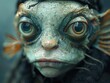 Humanfish mutant, exaggerated eyes, fin ears, gill cheeks, avantgarde fashion, documentary depth