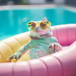 A cute chameleon in sunglasses swims in the pool on an inflatable circle. The concept of summer, vacations and vacations