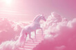 A pink unicorn walks up a fabulous staircase in pink clouds. Fairy tale, fiction, fantasy