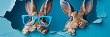 A Cute Bunny Wearing Stylish Blue Glasses Is Peeking Through A Torn Blue Paper, Giving A Cheeky Yet Adorable Look