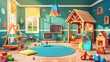 © Mark - Imaginative kids playroom interior with montessori wooden toys, furniture and equipment for games, wooden house, blackboard and desk for children. Cartoon modern illustration.