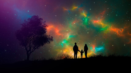 Wall Mural - Family silhouette walking and watching the night sky with nebula, aurora borealis and stars. Space background