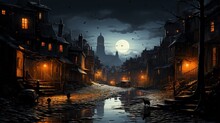 A Black Cat Crossing A Moonlit Cobblestone Street Shadowy Figures In The Background