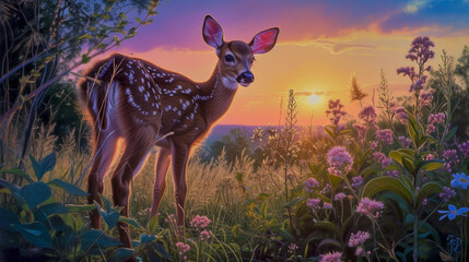 Wall Mural - Fawn in flower garden at sunset