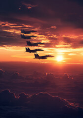 Military fighter jets flying high in the sky at sunset