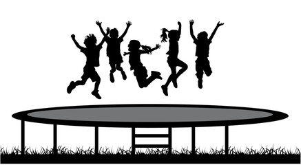 Group of kid jumping trampoline,  jumping for joy silhouette isolated on white