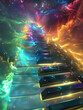 Keyboard synthesizer, each key a portal to different dimensions of space, playing a melody of colorful auroras, fantasy and detailed
