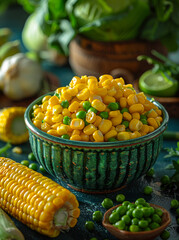 Wall Mural - Sweet corn and green peas in bowl