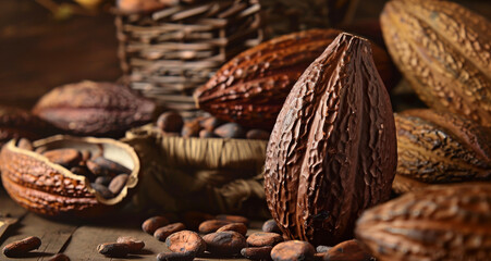 Cocoa beans and cocoa pod cocoa powder and chocolate on the wooden background