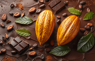 Cocoa beans cacao fruit chocolate pieces and cocoa powder on dark background