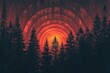 Immerse yourself in the captivating beauty of a sunset depicted through concentric circles in a golden yellow to deep crimson gradient, silhouetting a dense forest of fir trees against a warm backdrop