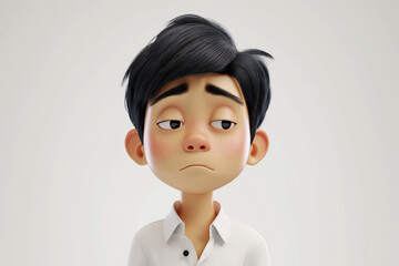 Wall Mural - Sad bored frustrated Asian cartoon character young man male boy person wearing white shirt in 3d style design on light background. Human people feelings expression concept