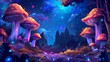 Fantasy mushroom trees, buildings, and rocks on alien planet for computer game background. Cartoon illustration with beautiful strange plants.