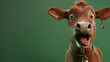 Brown cow with a bell necklace, shocked facial expression and looking stupid sticking out its tongue, plain green background.