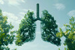 Human lungs made of fresh green forest silhouette double exposure on blue sky background, The importance of clean air, Solving air pollution problems