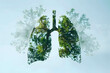 Human lungs made of fresh green forest silhouette double exposure on blue sky background, The importance of clean air, Solving air pollution problems