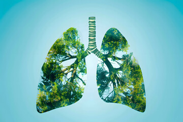 Wall Mural - Human lungs made of fresh green forest silhouette double exposure on blue sky background, The importance of clean air, Solving air pollution problems