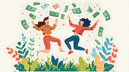 Vector illustration of two people jumping with money falling from the sky, in the flat design style, colorful background, cheerful mood, fun vibe