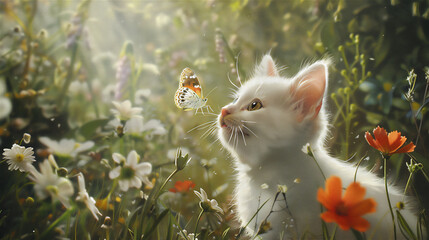 Wall Mural - a cat in the garden and a butterfly