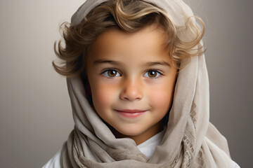 Wall Mural - A delightful image of a Muslim boy in traditional attire against a serene white background.