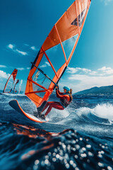 Windsurfer in action, young woman riding waves, with a vibrant orange sail against clear sunny blue sky.