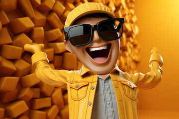 Wall Mural - A delightful 3D single cartoon, wearing a trendy modern outfit, smiling joyfully against a solid yellow background.