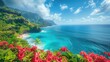 Vibrant tropical flowers blooming along the coastline, adding bursts of color to the landscape.