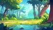 Nature landscape with trees, green grass, bushes, ponds or swamps, modern illustration of forest background with trees, ponds, and swamps. Beautiful scenery view, summer or spring wood area.