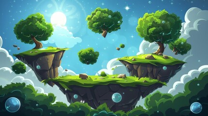 a modern cartoon landscape of forest, trees, flying islands with green grass and shiny spheres for t