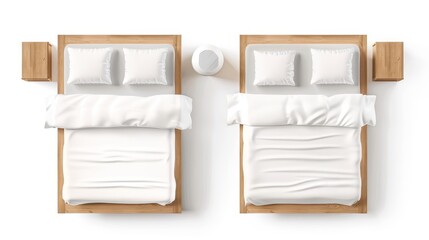 Mockup of three dimensional beds with white sheets, pillows, and duvets isolated on white.